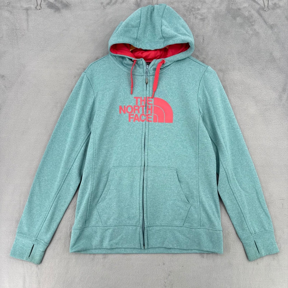 The North Face Hoodie Womens Large Full Zip Teal Blue Pink Logo Kangaroo Pockets